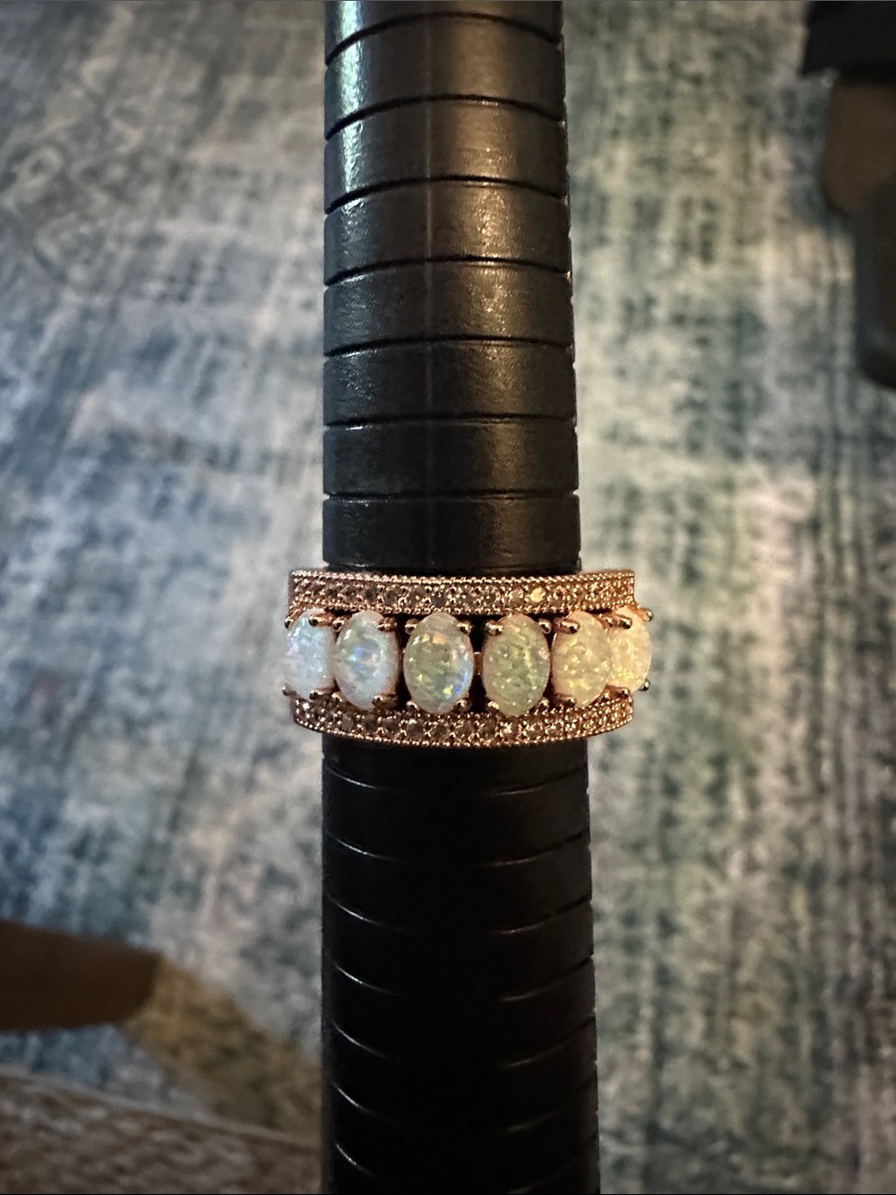 Opal & Cubic Zirconia Rose Gold Band Ring - White Opal Accent